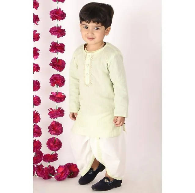 Little Bansi Boys Green and Cream Color Golden Striped Kurta and Dhoti