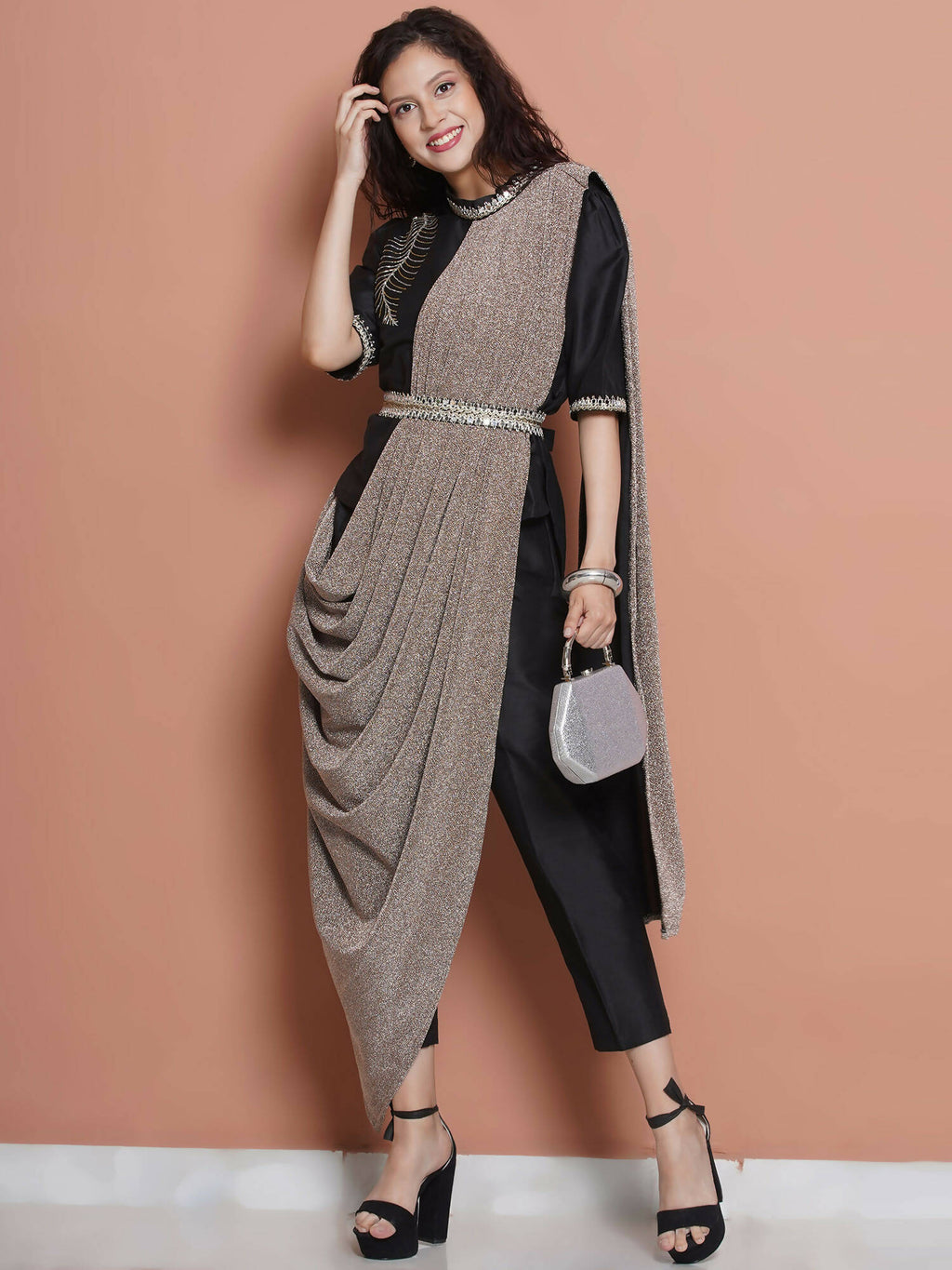 Women Republic Black Cotton Blended Set with Attached Drape - Distacart