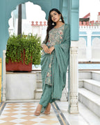 Vaasva Women's Teal Tissue Embroidered Suit Set With Solid Pant And Embroidered Dupatta
