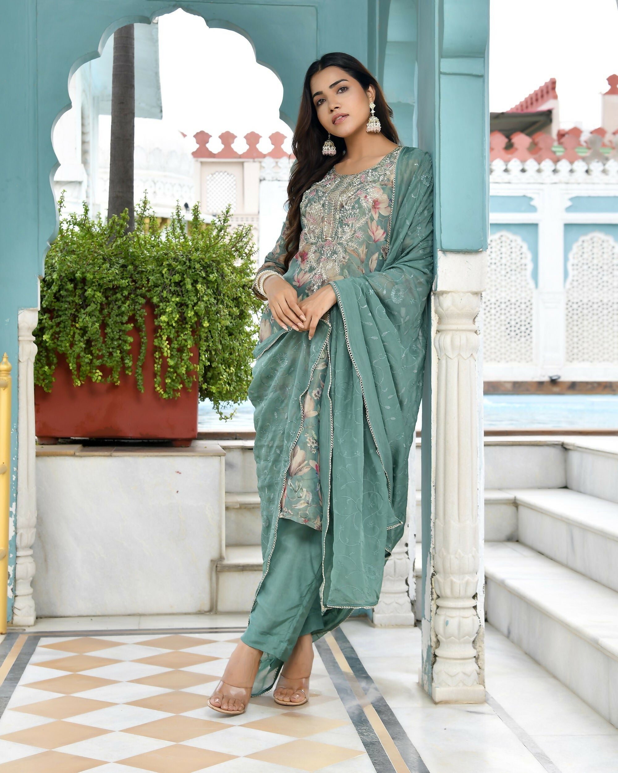 Vaasva Women's Teal Tissue Embroidered Suit Set With Solid Pant And Embroidered Dupatta