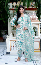 Miravan Women's Light Green Scenic Birds And Leaf Straight Pakistani Style Suit Set