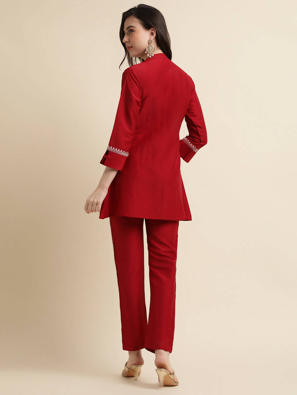 Red Chinon Floral Embroidered Top with Bottom - Maanushi