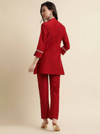 Red Chinon Floral Embroidered Top with Bottom - Maanushi