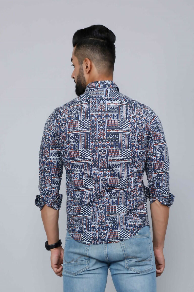 Miravan Men's Blue Floral Print Long Sleeve Casual Shirt