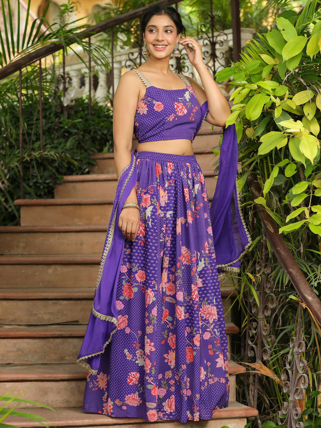 Janasya Purple Georgette Floral Lehenga Choli Dupatta