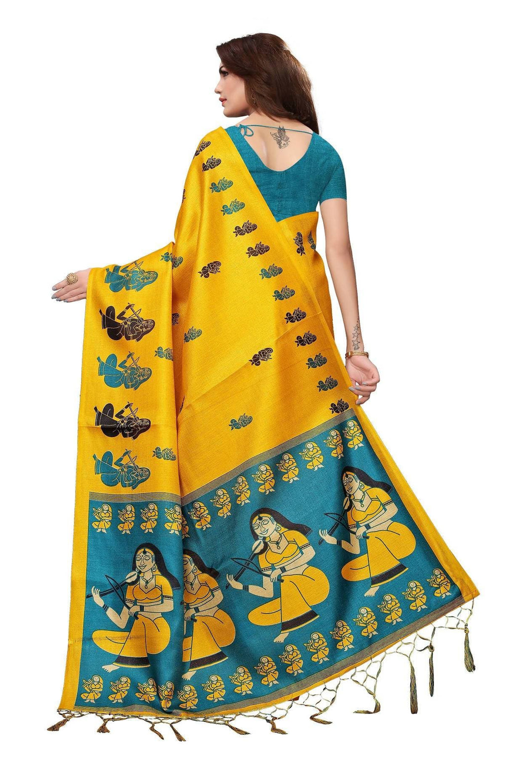 Vamika Yellow & Blue Kalamkari With Jhalar Khadi Silk Saree