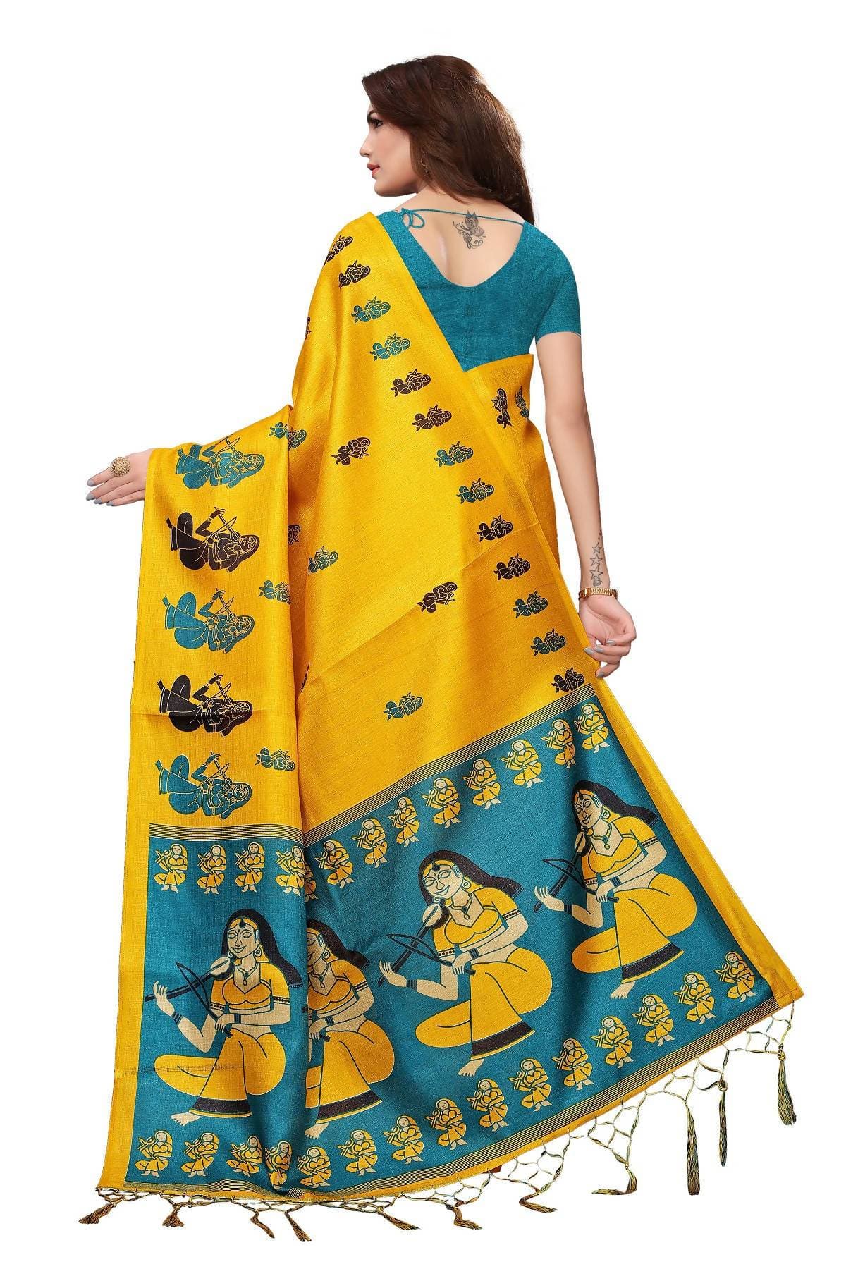 Vamika Yellow & Blue Kalamkari With Jhalar Khadi Silk Saree