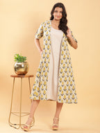 BohoJazz Vegetable Dye Handblock Jacket with Beige Linen Dress - Distacart