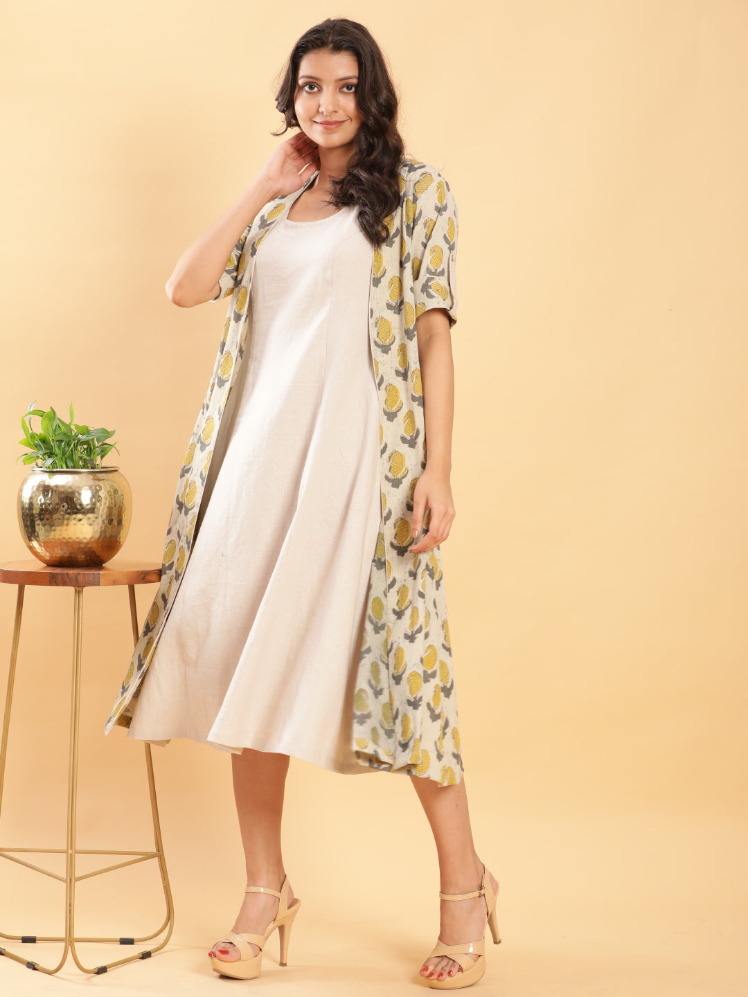 BohoJazz Vegetable Dye Handblock Jacket with Beige Linen Dress - Distacart