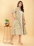 BohoJazz Vegetable Dye Handblock Jacket with Beige Linen Dress - Distacart