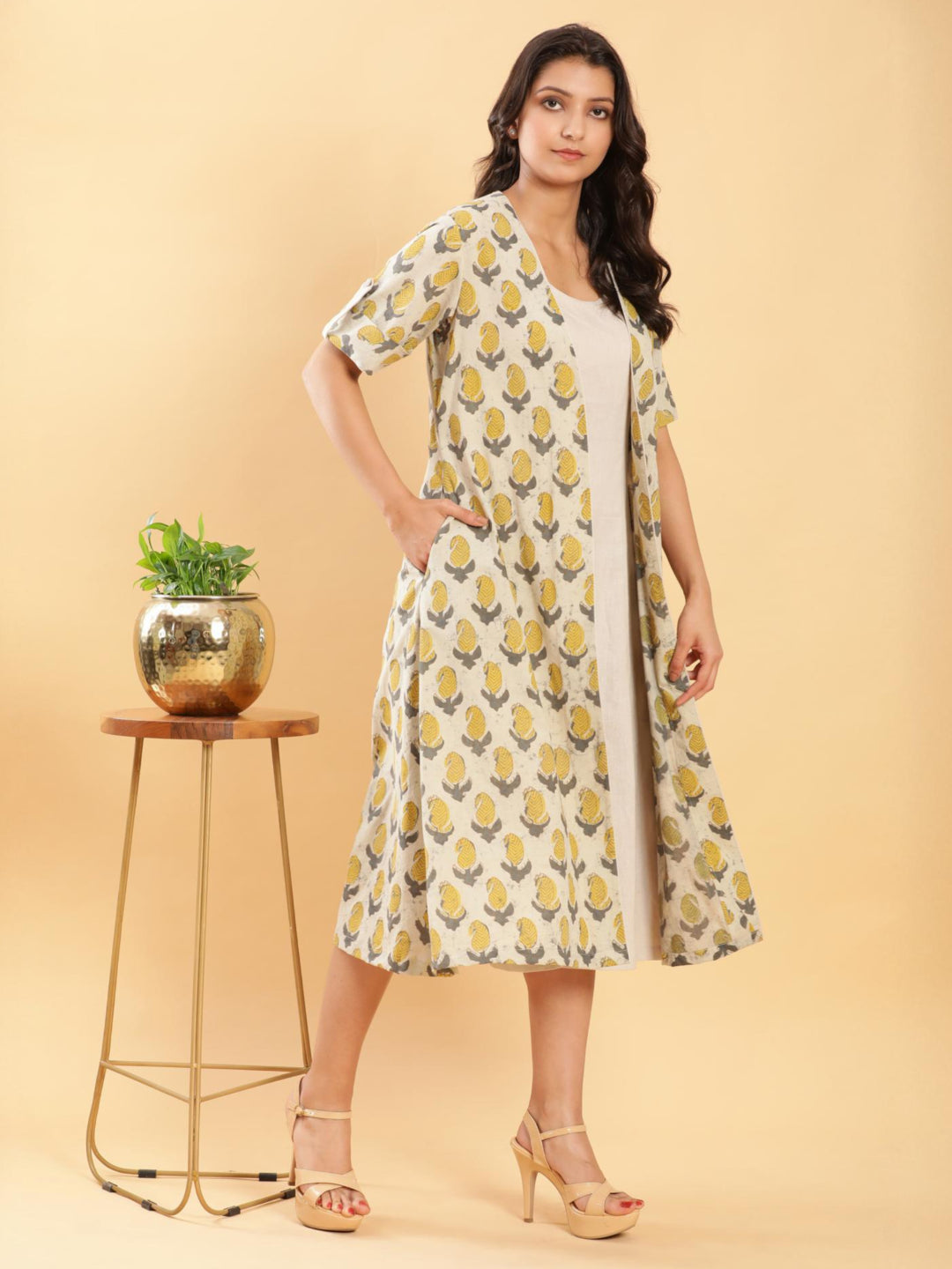 BohoJazz Vegetable Dye Handblock Jacket with Beige Linen Dress - Distacart