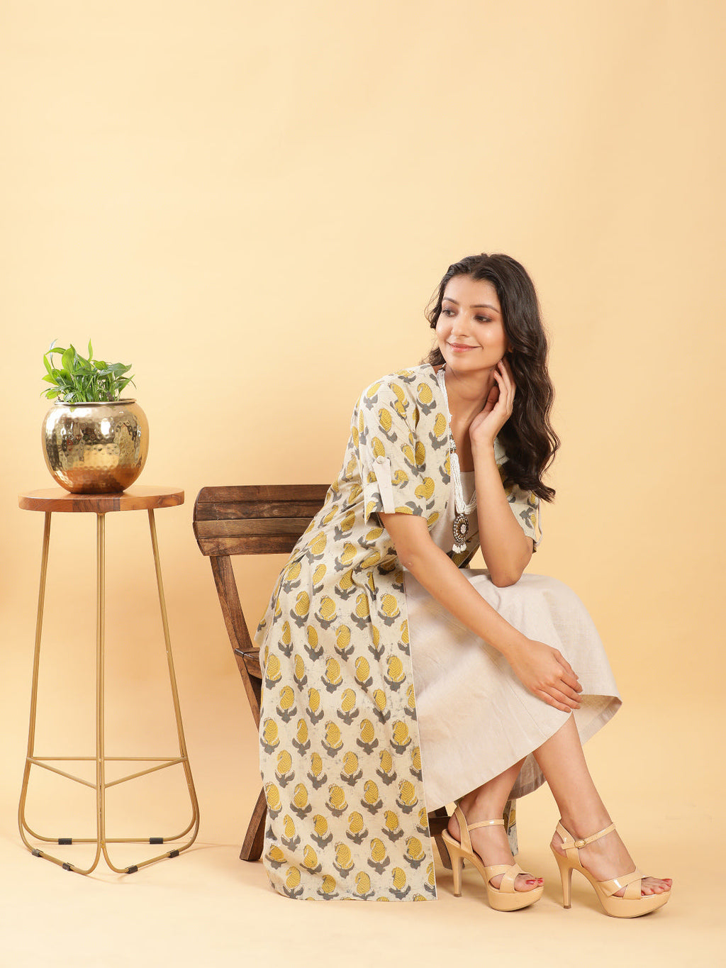 BohoJazz Vegetable Dye Handblock Jacket with Beige Linen Dress - Distacart