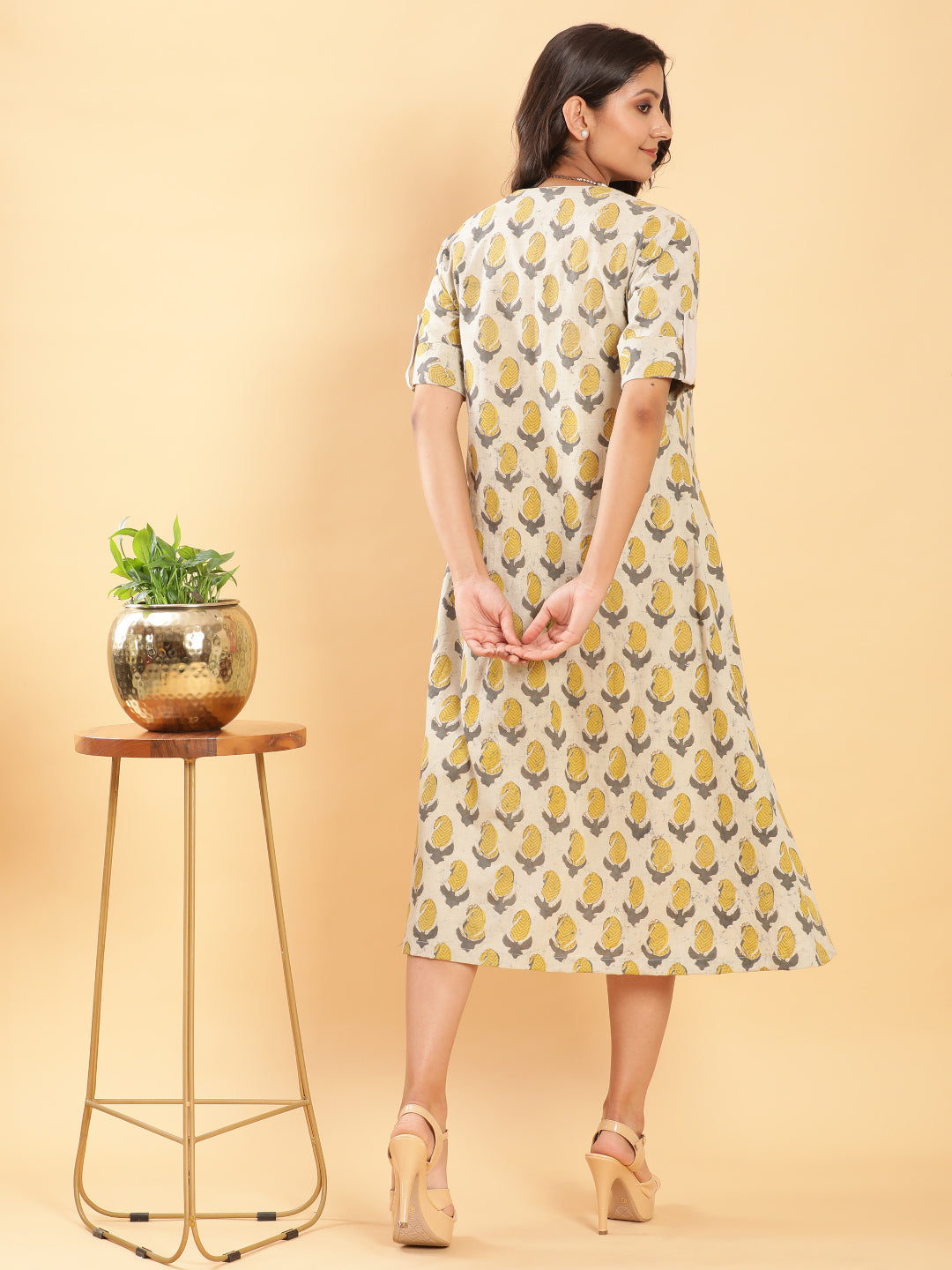BohoJazz Vegetable Dye Handblock Jacket with Beige Linen Dress - Distacart