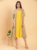 BohoJazz Vegetable Dye Handblock Jacket with Chrome Yellow Linen Dress - Distacart