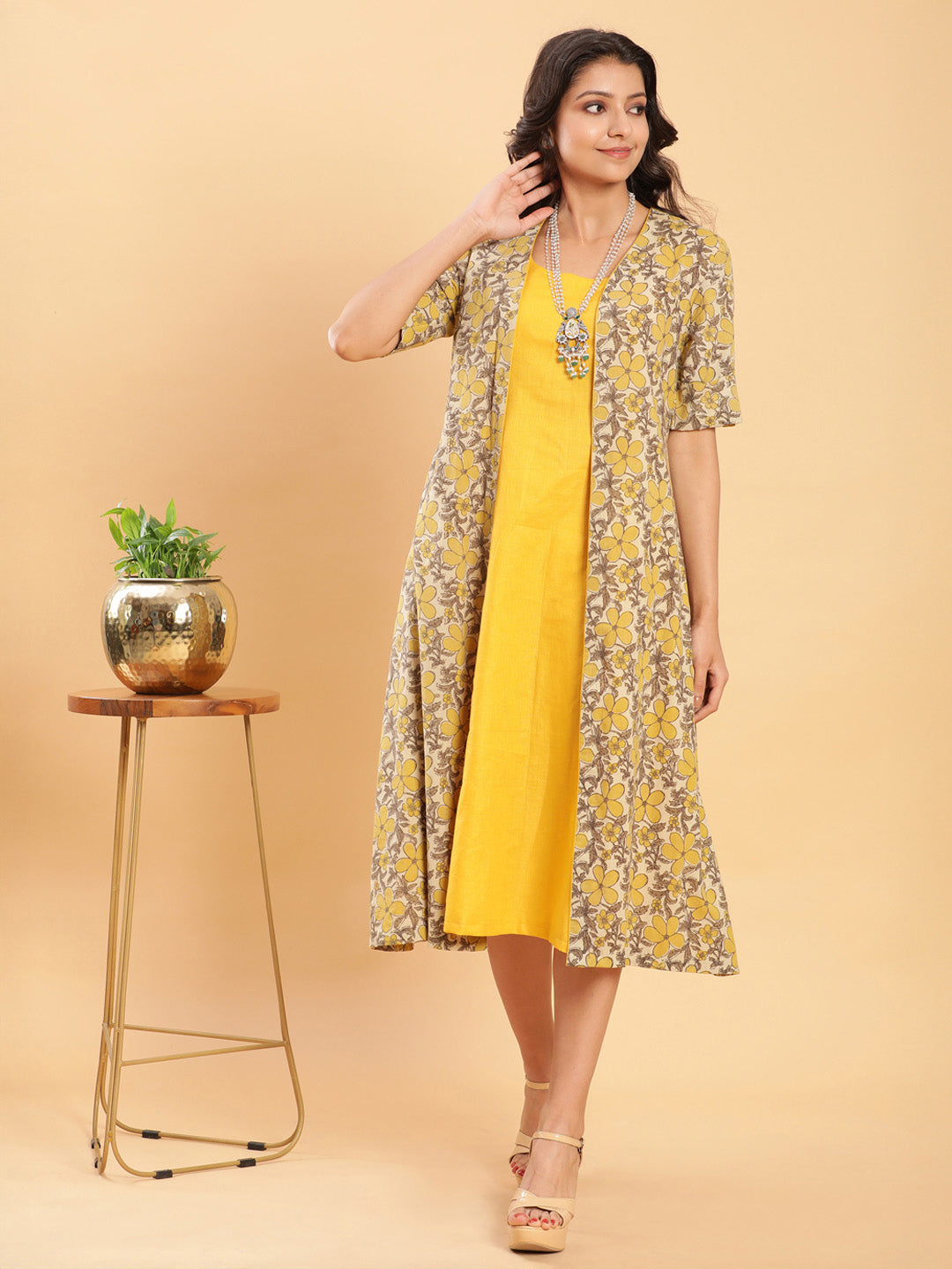 BohoJazz Vegetable Dye Handblock Jacket with Chrome Yellow Linen Dress - Distacart