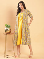 BohoJazz Vegetable Dye Handblock Jacket with Chrome Yellow Linen Dress - Distacart
