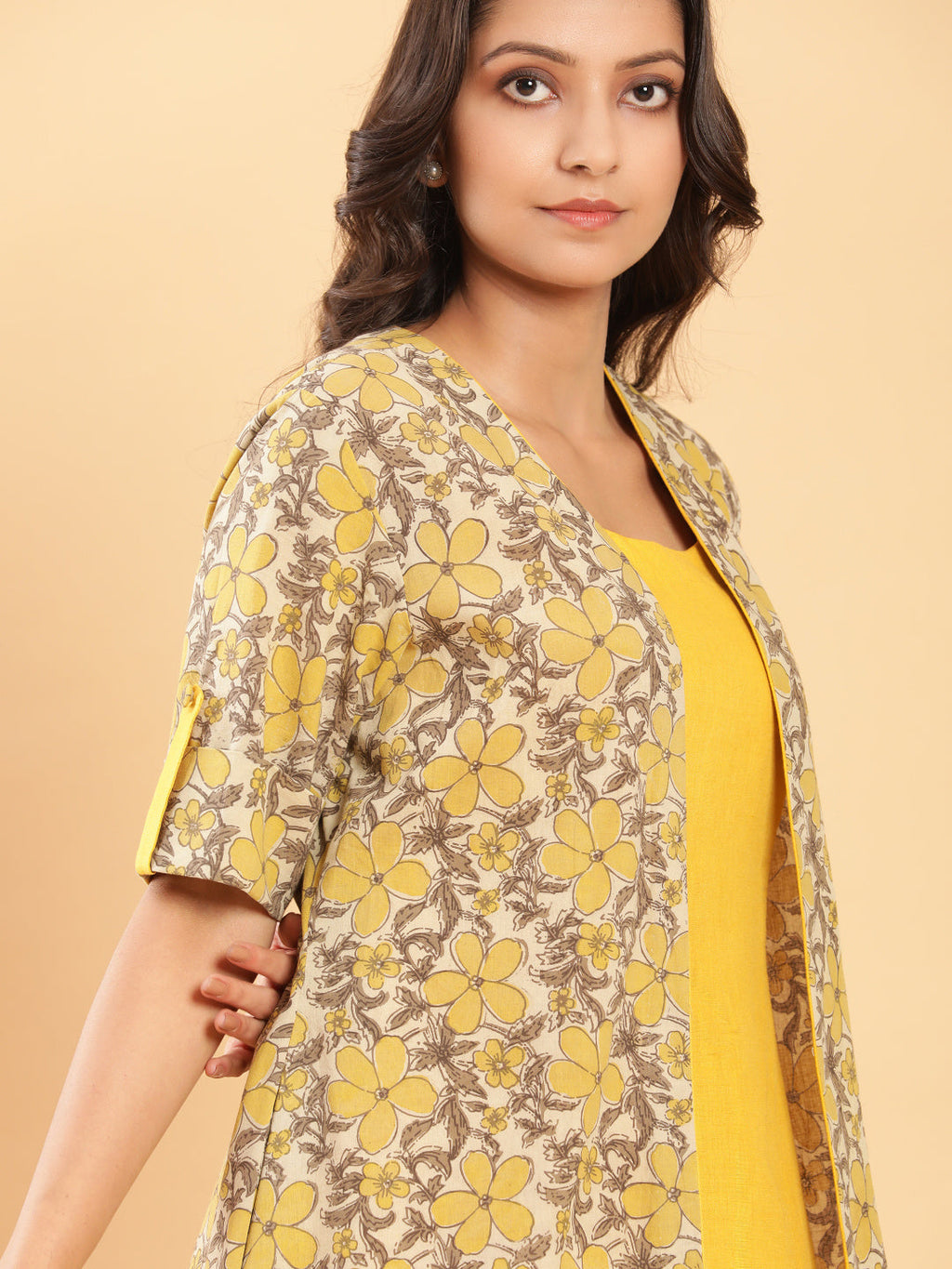 BohoJazz Vegetable Dye Handblock Jacket with Chrome Yellow Linen Dress - Distacart