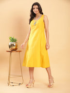 BohoJazz Vegetable Dye Handblock Jacket with Chrome Yellow Linen Dress - Distacart