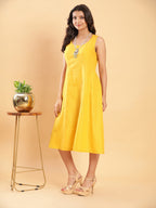 BohoJazz Vegetable Dye Handblock Jacket with Chrome Yellow Linen Dress - Distacart