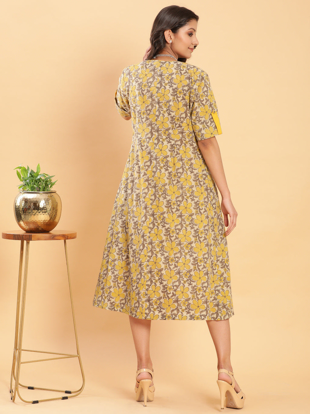 BohoJazz Vegetable Dye Handblock Jacket with Chrome Yellow Linen Dress - Distacart