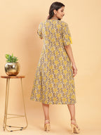 BohoJazz Vegetable Dye Handblock Jacket with Chrome Yellow Linen Dress - Distacart