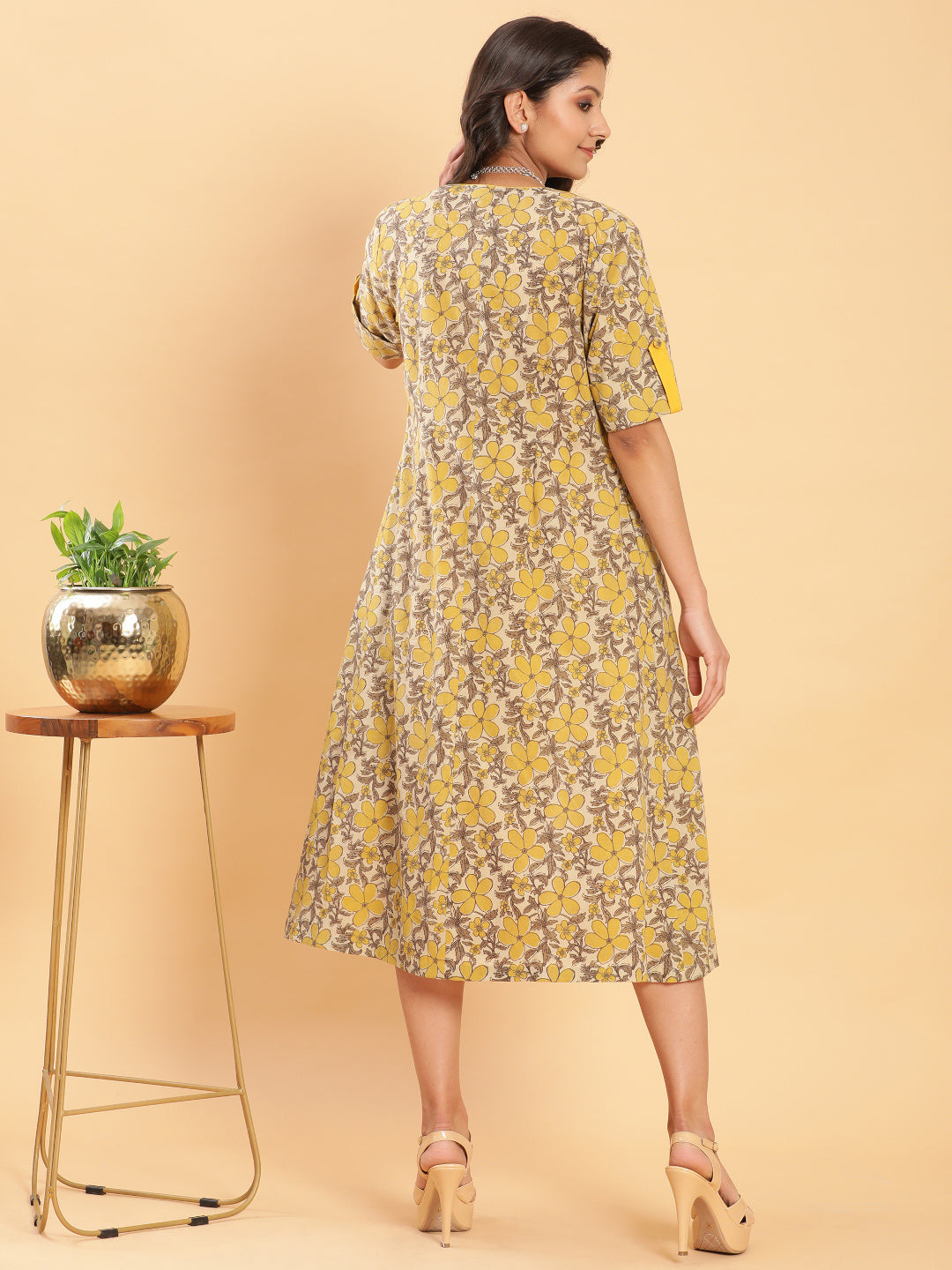 BohoJazz Vegetable Dye Handblock Jacket with Chrome Yellow Linen Dress - Distacart