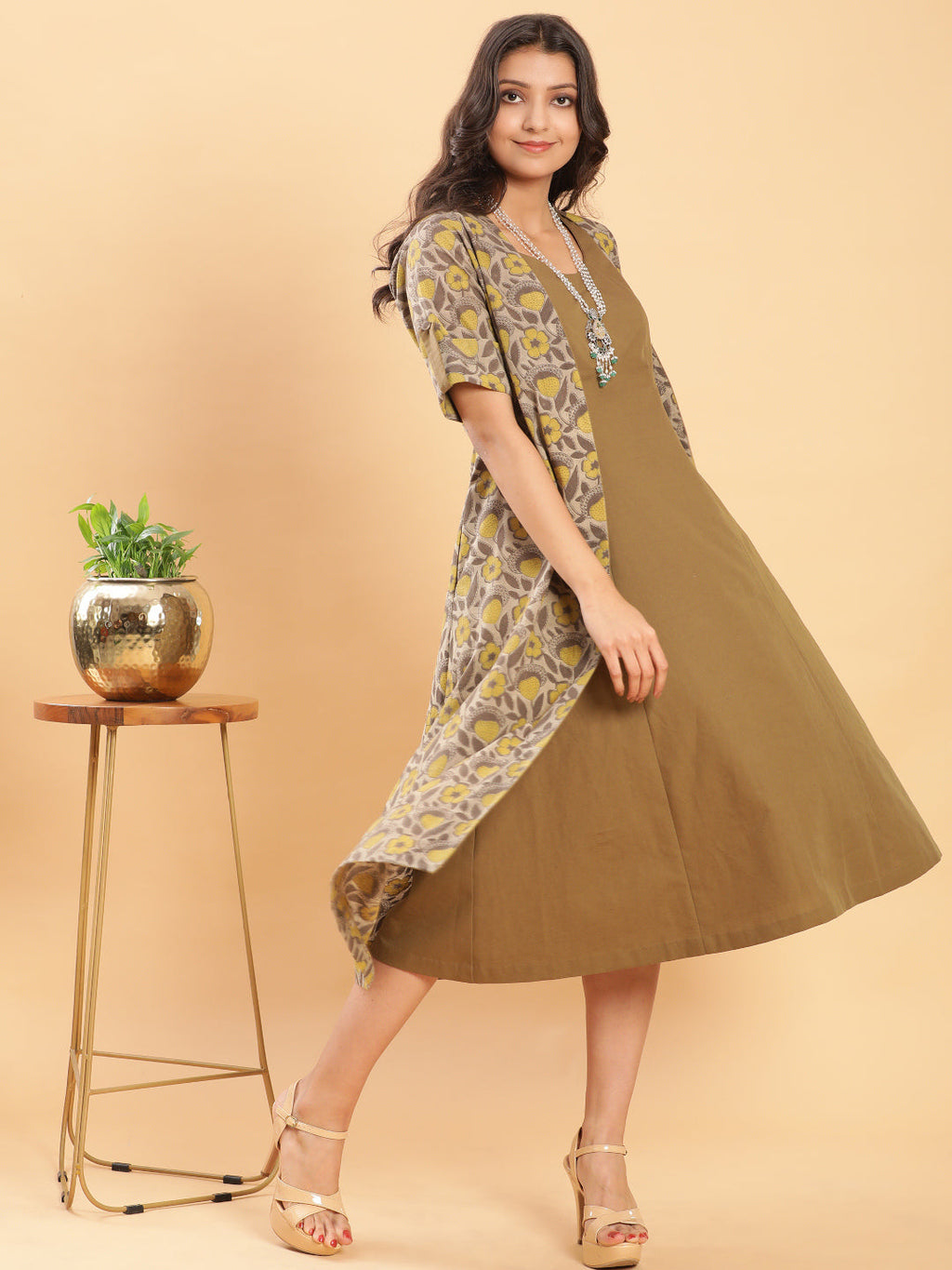 BohoJazz Vegetable Dye Handblock Jacket with Olive Green Linen Dress - Distacart