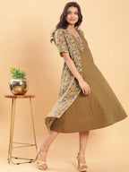 BohoJazz Vegetable Dye Handblock Jacket with Olive Green Linen Dress - Distacart