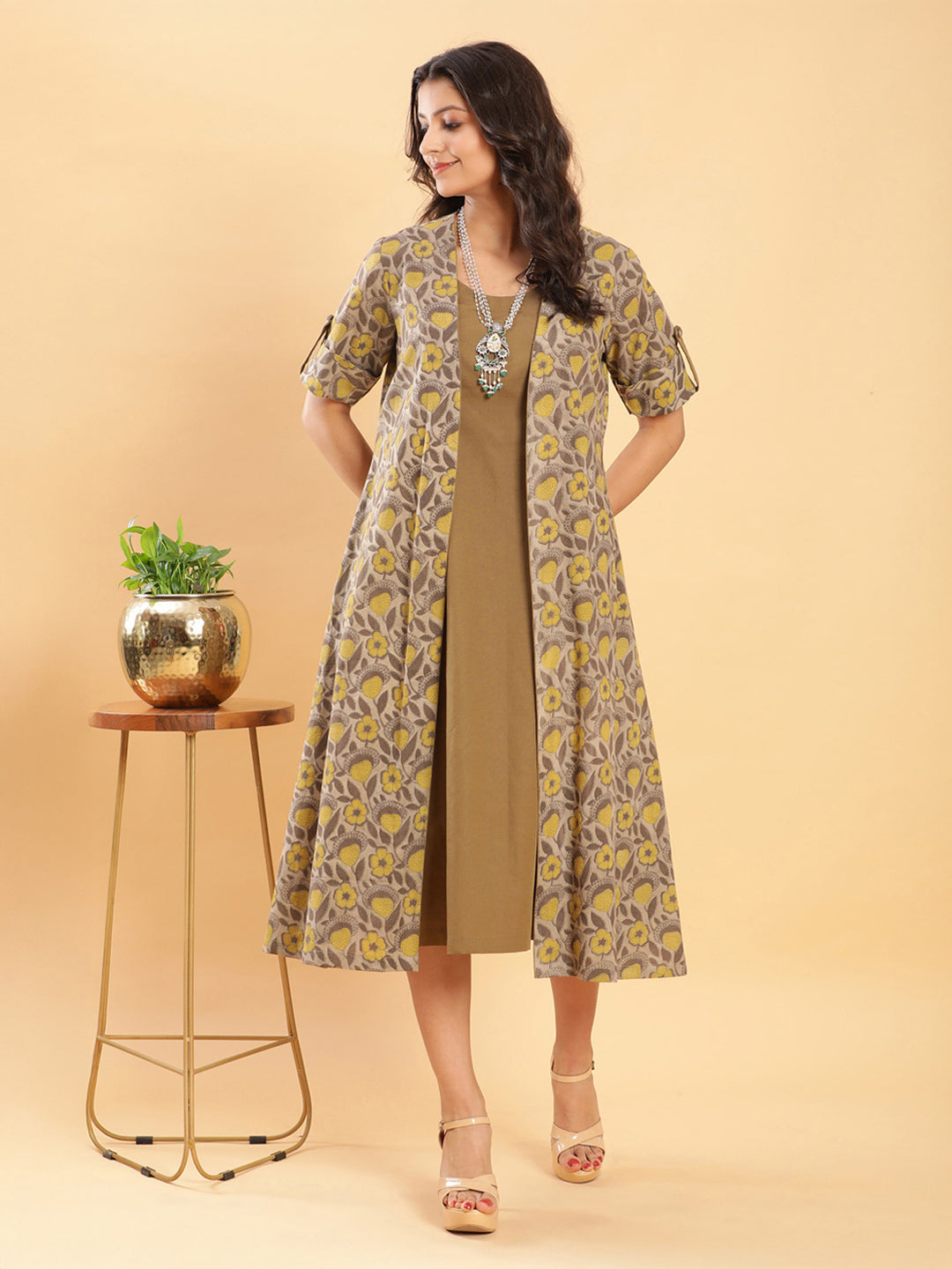 BohoJazz Vegetable Dye Handblock Jacket with Olive Green Linen Dress - Distacart