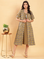 BohoJazz Vegetable Dye Handblock Jacket with Olive Green Linen Dress - Distacart