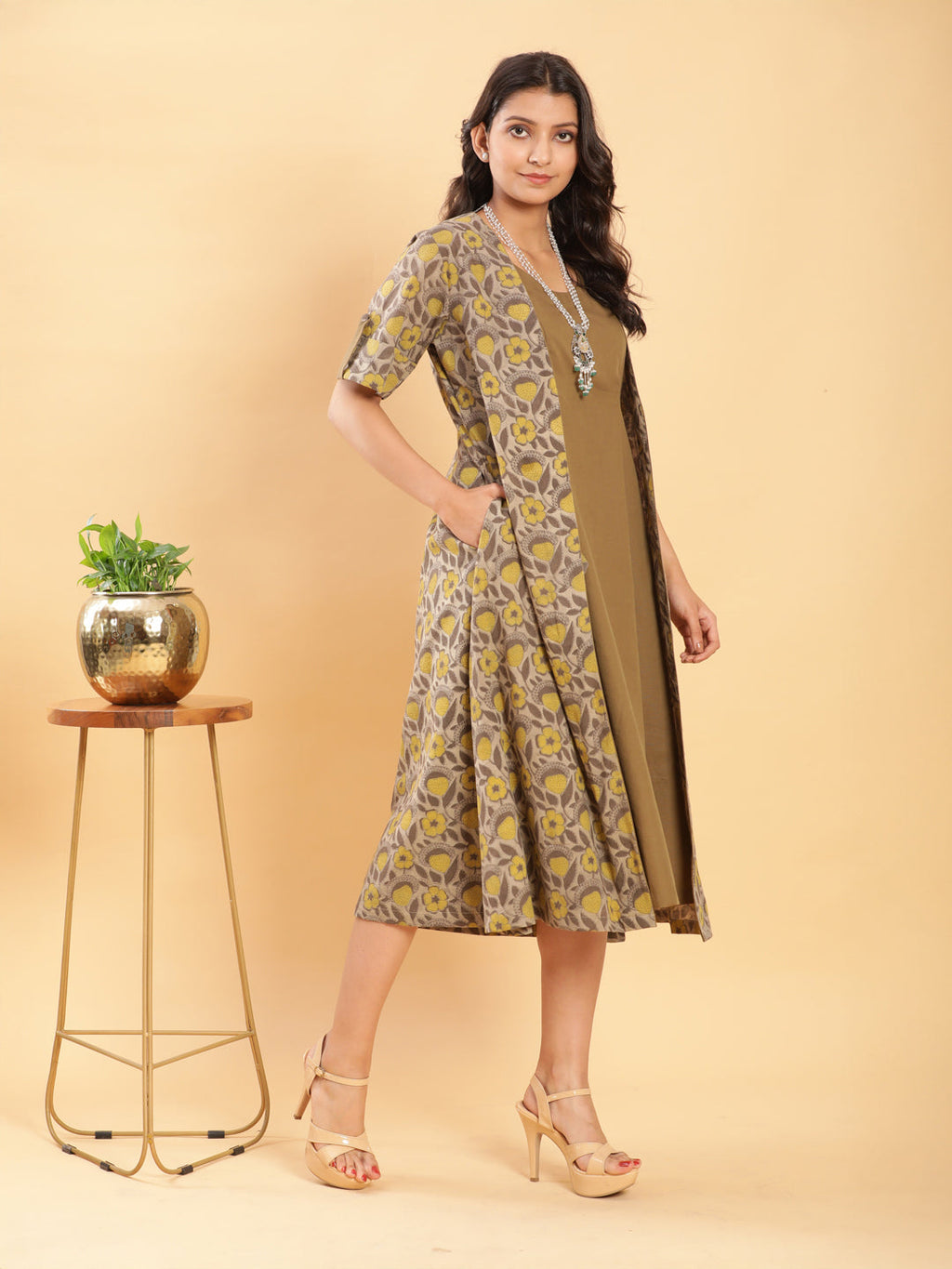 BohoJazz Vegetable Dye Handblock Jacket with Olive Green Linen Dress - Distacart