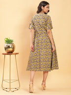 BohoJazz Vegetable Dye Handblock Jacket with Olive Green Linen Dress - Distacart