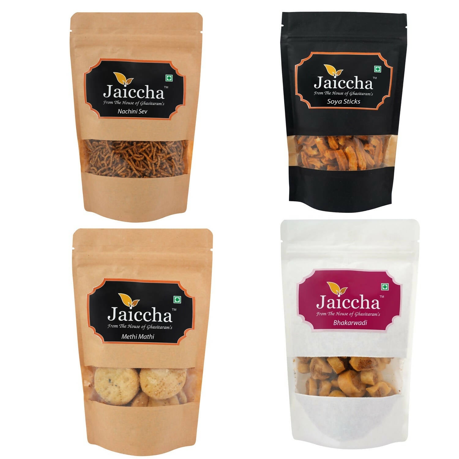Ghasitaram Best of 4 Assorted Namkeens Soya Sticks, Nachini Sev, Bhakar wadi, Methi Mathi Pouches