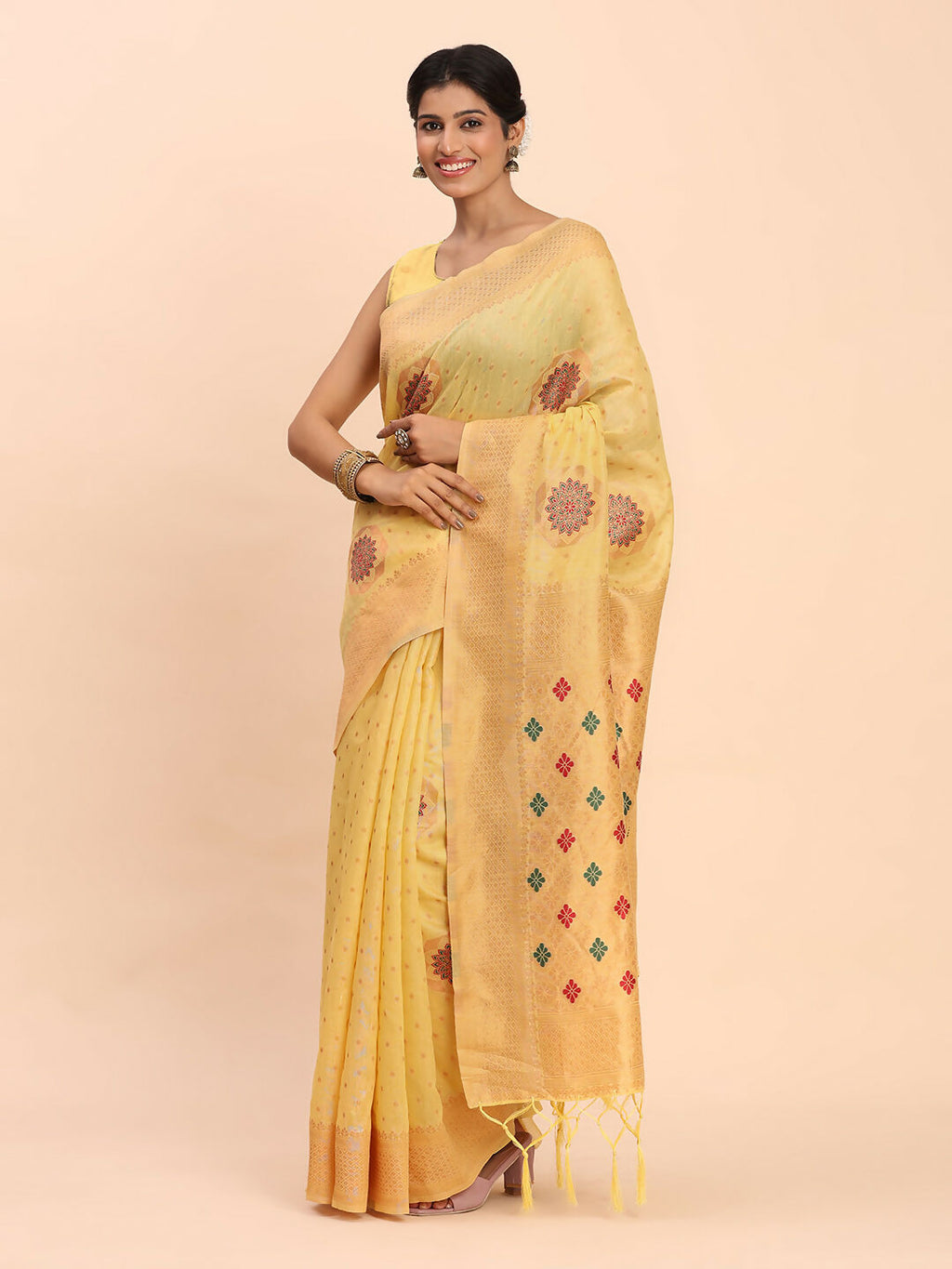 Shree Shyam Fashion Linen Cotton Yellow Saree - Distacart