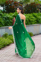 Vastranavya Green Embroidery Work Shimmer Chiffon Saree with Unstitched Blouse - Distacart