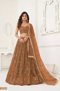 Aastha Fashion Brown Butterfly Net Tone To Tone Thread Work, Sequence Work And Original Mirror Work Embroidery Wedding Wear Lehenga Choli