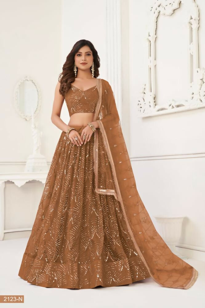 Aastha Fashion Brown Butterfly Net Tone To Tone Thread Work, Sequence Work And Original Mirror Work Embroidery Wedding Wear Lehenga Choli