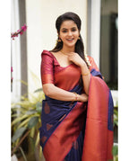 DEIANA'S Beautiful Designer Golden zari Soft Lichi Silk Saree - Navy Blue