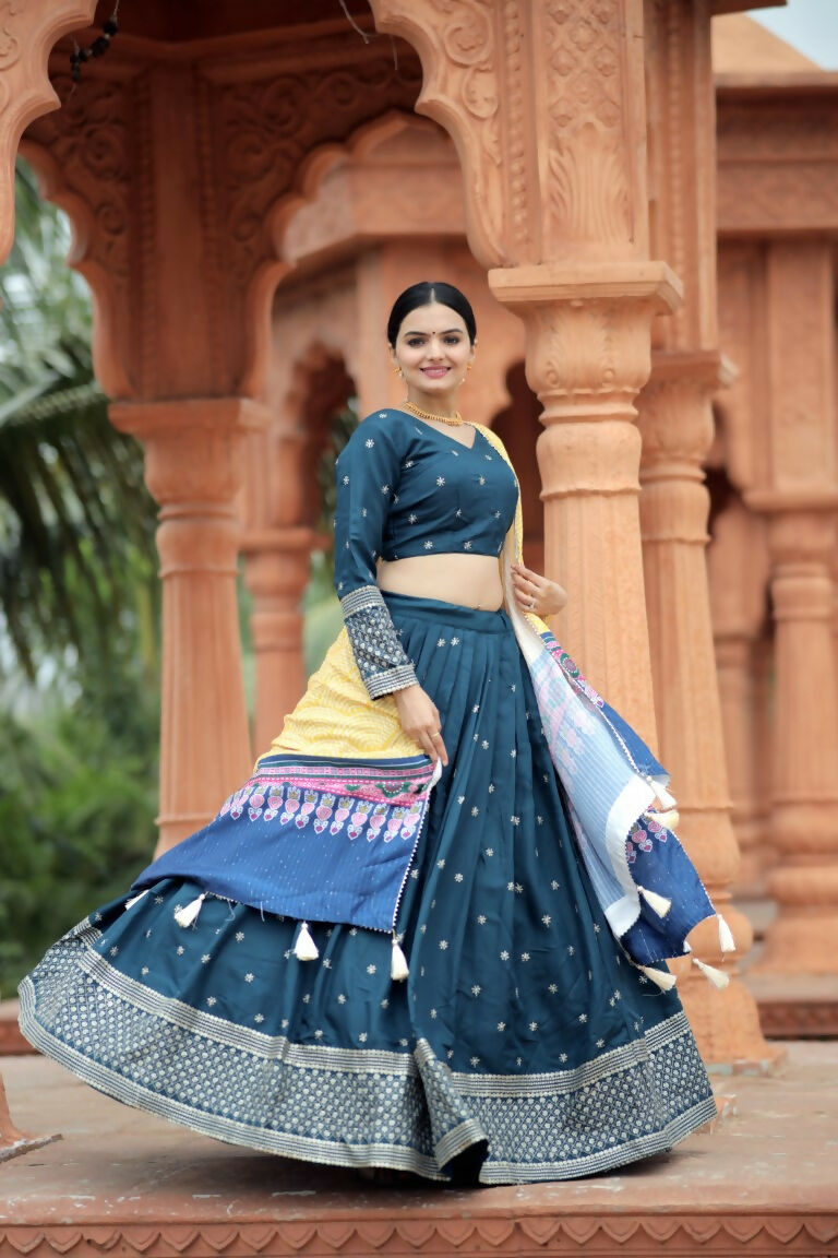 Vastranavya Navaratri Collection Myra Silk Lehenga & Blouse With Maslin Crochet Printed Dupatta Set - Turquoise