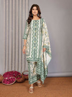 Joban Fashion Women Off White & Forest Green Linen Printed Stitched Kurta Set - Distacart