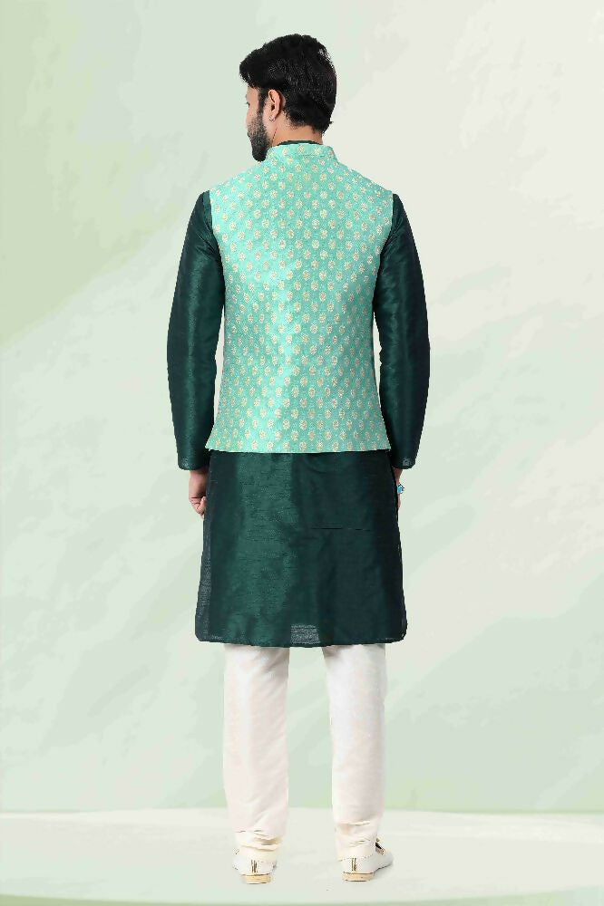 Raivat Ethnic Jacquard Banarasi Silk Woven Work 3 Pics Jacket Set In Pista Green Colour - Distacart