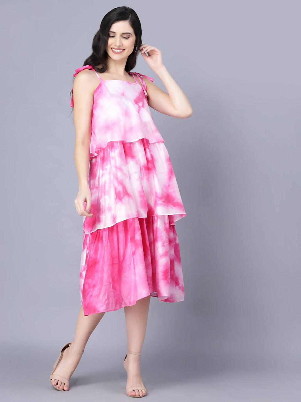 Myshka Women White Tie and Dye Dyed Layered A-Line Midi Dress - Distacart