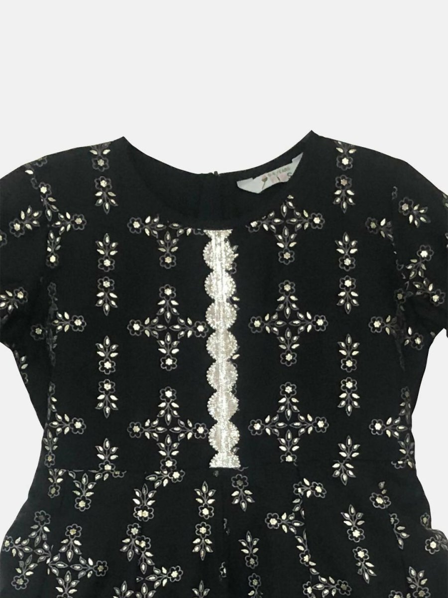 Ahalyaa Black Chanderi Gold Foil Printed Kids Dress For Girls