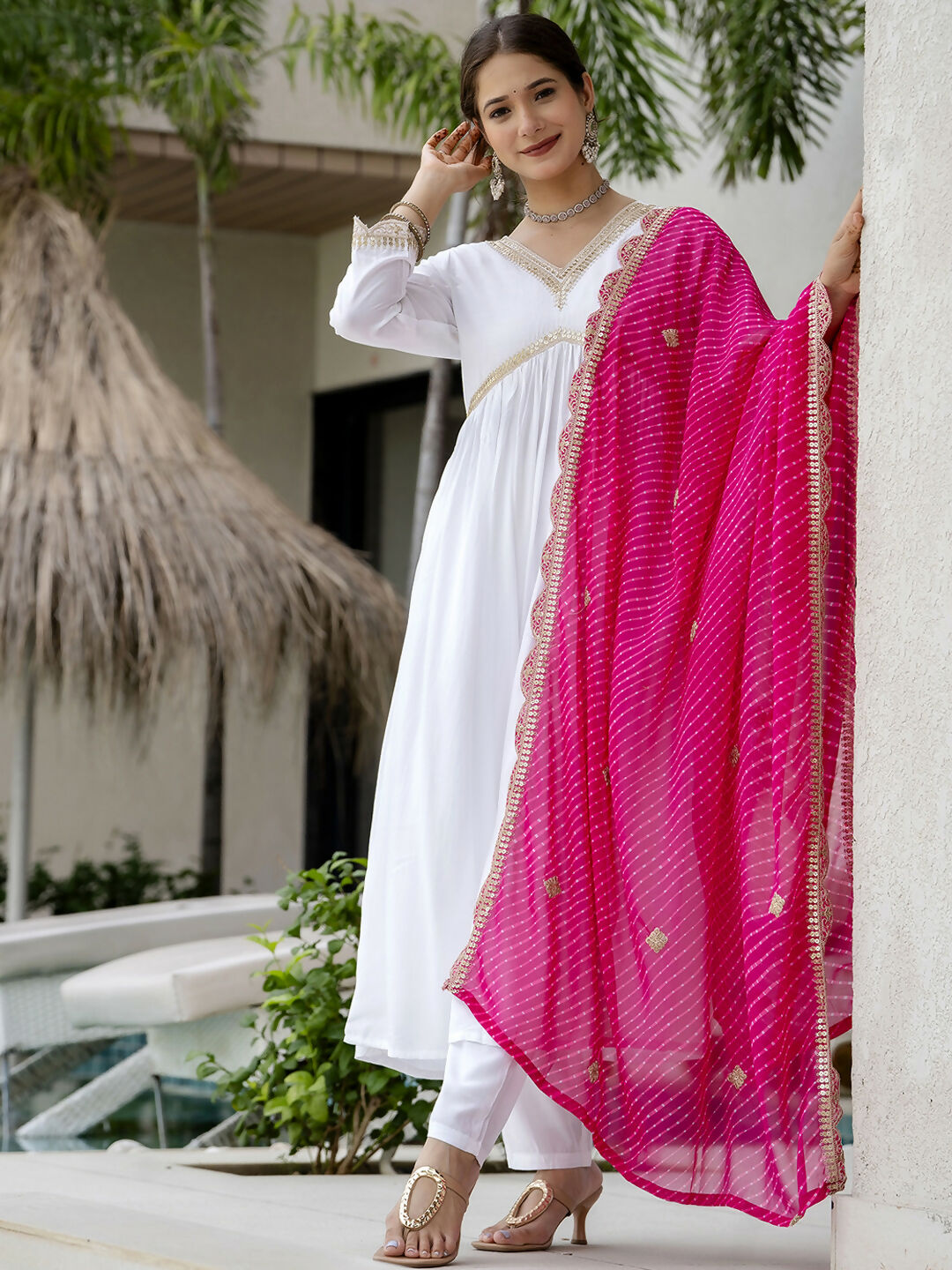 The52 White Women's Gorgeous Embroidered Chanderi Fabric Straight Kurta, Pant and Dupatta Set - Distacart
