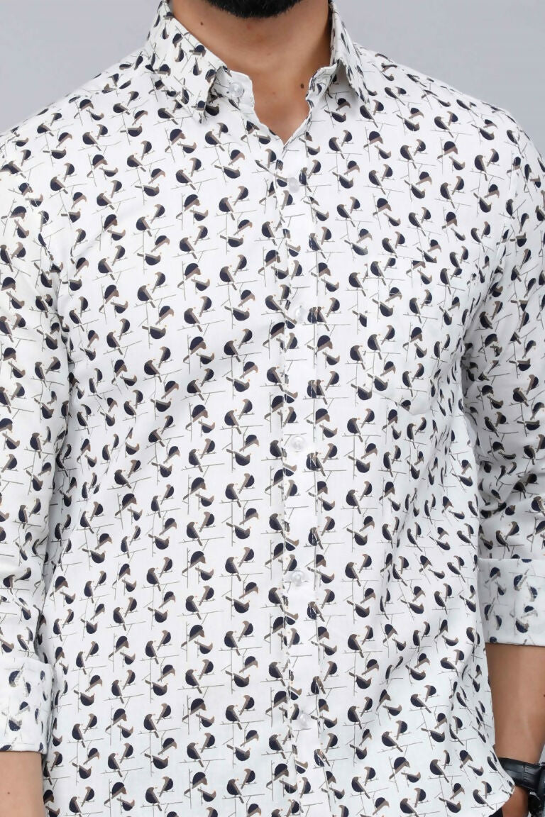 Miravan Men's White Spread Collar Bird Print Casual Shirt