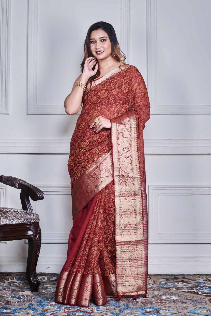Morchari Maroon Script Printed Orzanga Saree Unstitched Blouse - Distacart