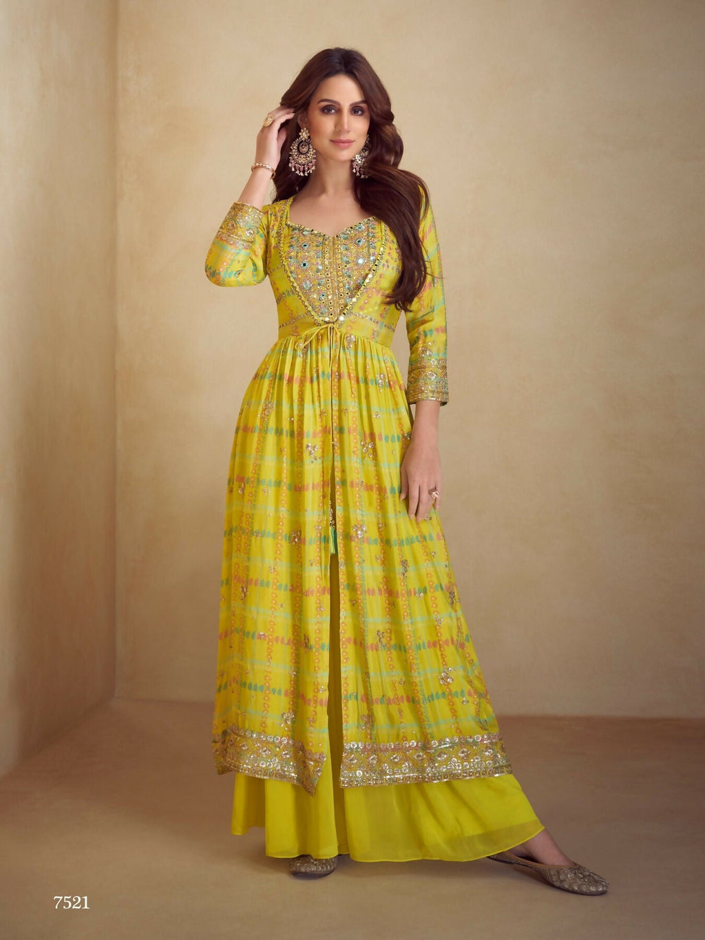 Anaita Yellow Real Chinon Stitched 3 Piece Suit with Printed & Embroidery hand work - Distacart