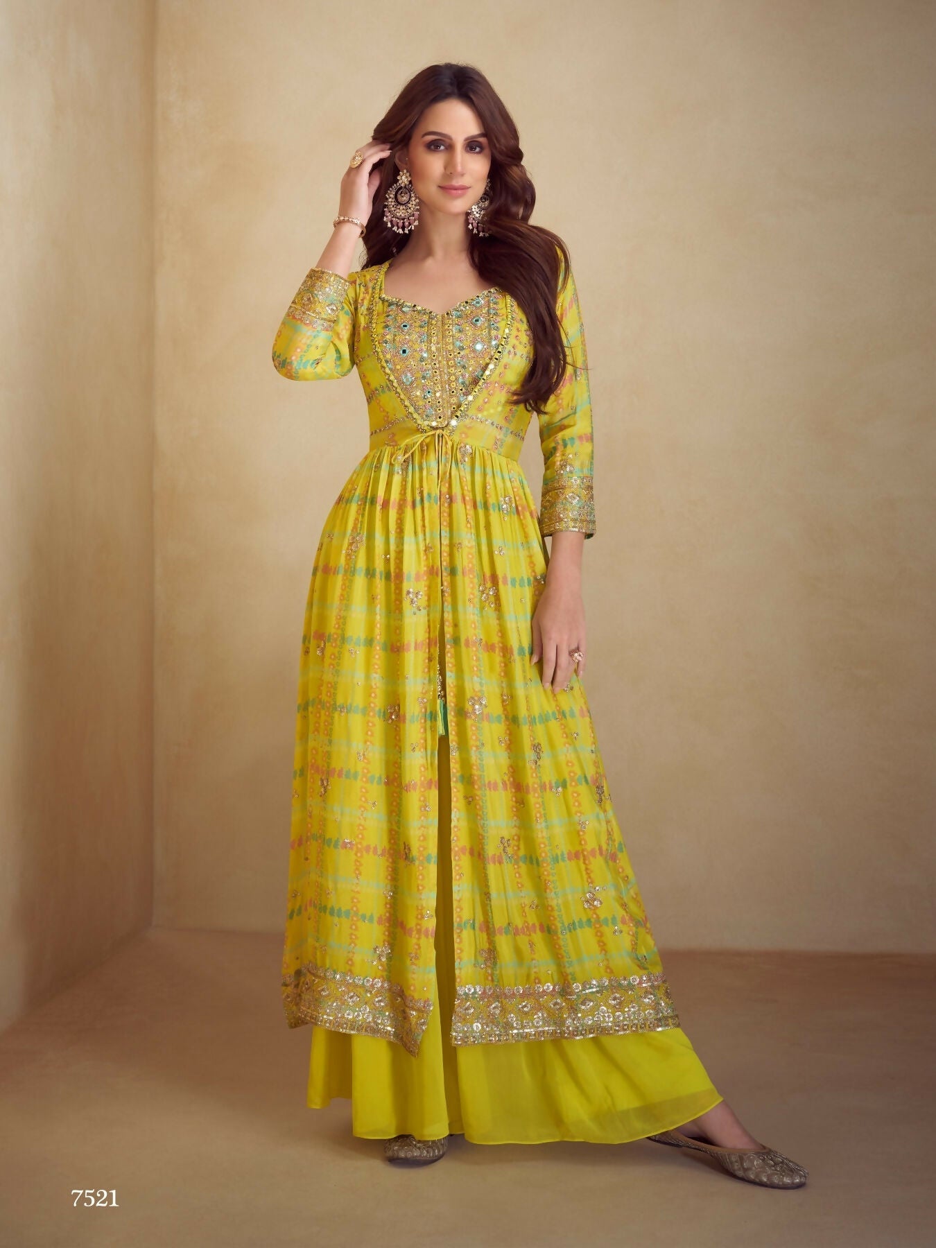 Anaita Yellow Real Chinon Stitched 3 Piece Suit with Printed & Embroidery hand work - Distacart