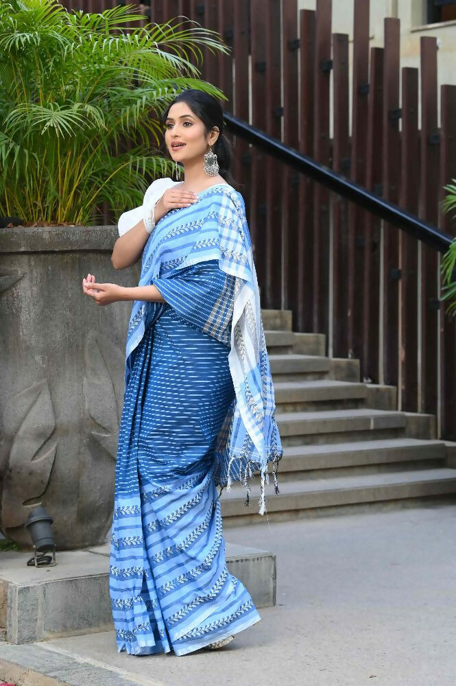 Beatitude Blue Cotton Tanchori Handloom Saree