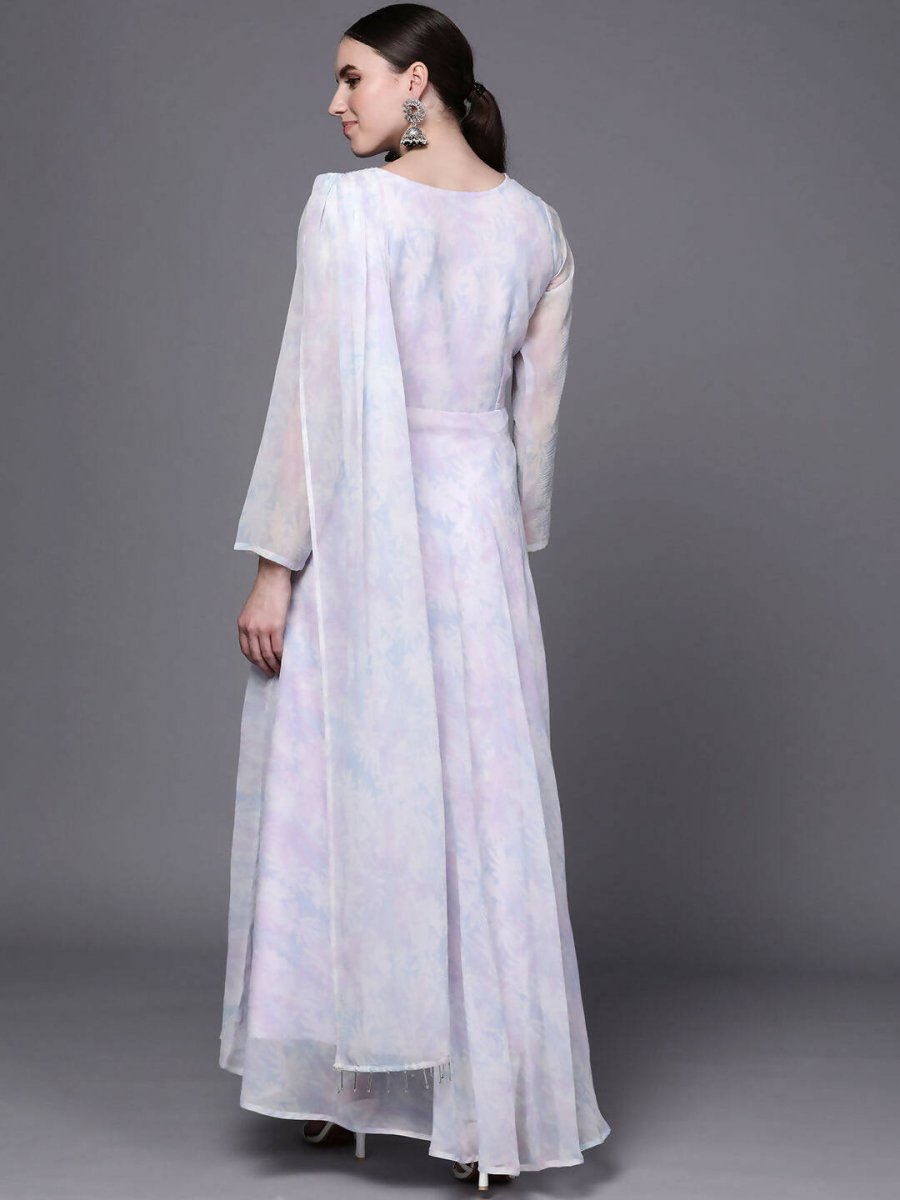 Ahalyaa Women Blue & White Floral Fit & Flare Maxi Ethnic Dress - Distacart